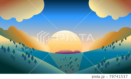 美しい自然の森に光が射すイラスト 日の出 日の入のイラスト素材