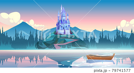 Fantasy blue castle on rock at morning 79741577