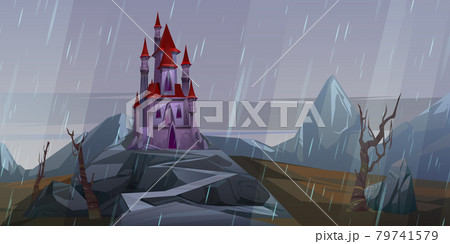 Castle on rock at rainy weather, medieval palace 79741579