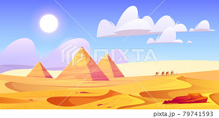 Egypt desert landscape with pyramids and camels 79741593