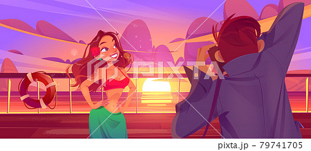 Woman and photographer on cruise liner deck sunset Woman and photographer on cruise liner deck sunset 79741705