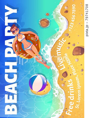 Beach party cartoon flyer with woman in ocean 79741708