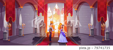 Prince and princess in throne room at castle hall 79741735