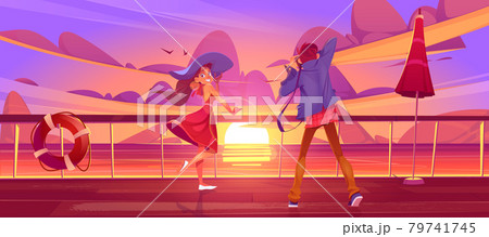 Woman and photographer on cruise liner deck sunset 79741745