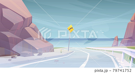 Vector landscape with road to sea beach in fog 79741752