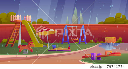 Kids playground at rainy weather, children area 79741774