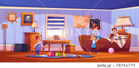 Kids in bedroom in pirate thematic with ship bed 79741775