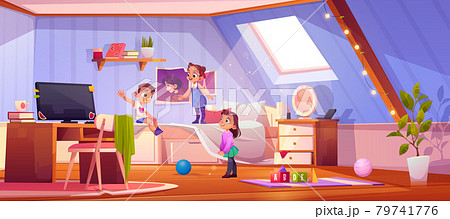 Kids playing in attic room, children at home. 79741776