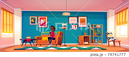 Woman with smartphone sitting on sofa at home 79741777