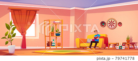 Man read book at home, male character sit on couch 79741778