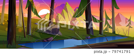 Mountain landscape with forest and brook at sunset Mountain landscape with forest and brook at sunset 79741791