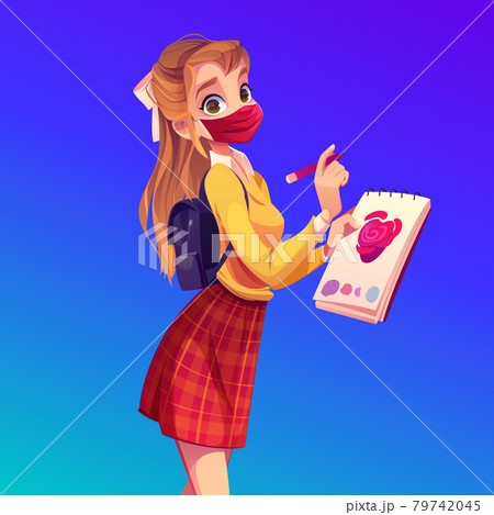Woman painter in face mask draw in album 79742045