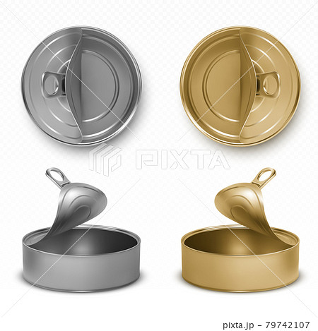Open tin cans, pet food mockup jars with pull ring Open tin cans, pet food mockup jars with pull ring 79742107