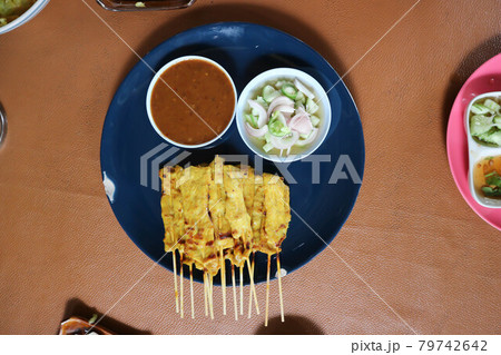 satay or pork satay , grilled pork satay or pork satay , grilled pork 79742642
