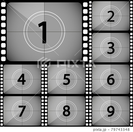 Big set a classic film countdown frame at the number one, two,three,four,five,six,seven,eight and nine. Old fashioned film counter. Vector 79743348