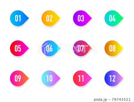 Collection arrows bullet point triangle flags isolated on white background. Colorful gradient markers. Number from 1 to 12. Vector 79743521