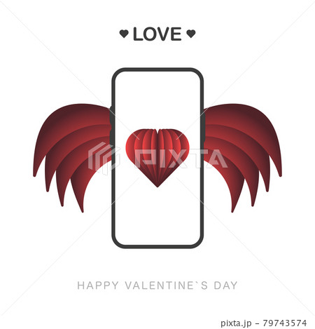 Happy Valentines Day vector design with 3d realistic paper hearts decorations in screen gray phone with red wings on white background. Love. Vector illustration. 79743574