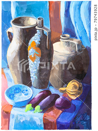 still life with ceramic jugs and eggplants on blue still life with ceramic jugs and eggplants on blue 79743928