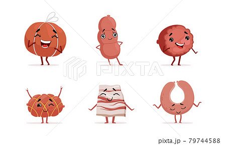 Sausage Characters Set, Cute Sausages with Funny Faces Cartoon Vector Illustration 79744588