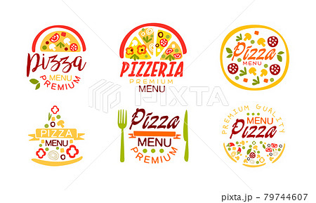 Pizza Menu Premium Logo Design Set, Pizzeria, Restaurant, Cafe, Delivery Service Labels Cartoon Vector Illustration 79744607