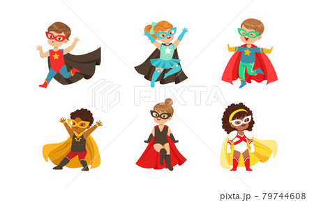 Kid Superheroes Set, Happy Little Boys and Girls Wearing Comics Costumes and Masks Having Fun Cartoon Vector Illustration 79744608