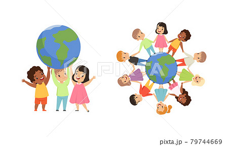 Friendship, Unity, Earth Planet Protection, Kids Holding Hands Standing the World Cartoon Vector Illustration Friendship, Unity, Earth Planet Protection, Kids Holding Hands Standing the World Cartoon Vector Illustration 79744669