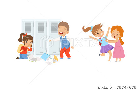 Bullying at School Concept, Boys and Girls Mocking Classmates and Fighting Cartoon Vector Illustration 79744679