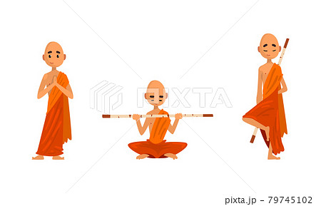 Buddhist Monks in Orange Robes Set, Thai Monks Meditating and Praying Cartoon Vector Illustration 79745102