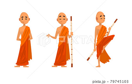 Buddhist Monks in Orange Robes Set, Thai Monks in Different Poses Cartoon Vector Illustration 79745103