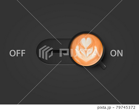 Coffee Power. Vector 3d Realistic Off, On Switch with Milk Foam Coffee in Black Mug. Capuccino, Latte. Concept Creative Banner. Design Template. Top View 79745372
