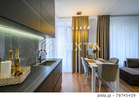 Modern large luxury dark gray stidio kitchen with dining room 79745439