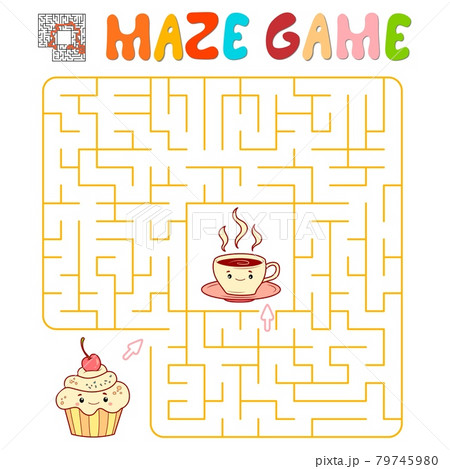 Maze puzzle game for children. Maze or labyrinth game with cake and tea. 79745980