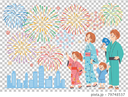 花火を楽しむファミリー 白背景 花火を楽しむファミリー 白背景 79748537