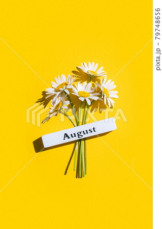 Calendar summer month August and chamomile flowers on yellow background. Top view Flat lay. Minimal concept Hello August. Template for your design, greeting card Calendar summer month August and chamomile flowers on yellow background. Top view Flat lay. Minimal concept Hello August. Template for your design, greeting card 79748656