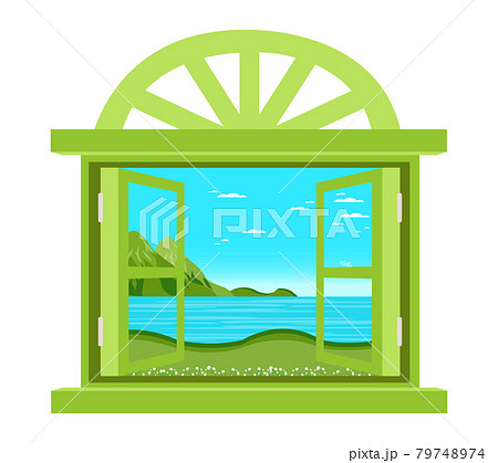 窓から見える景色 青空と海 春の風景のイラスト素材