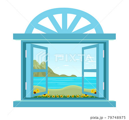 窓から見える景色 青空と海 夏の風景のイラスト素材