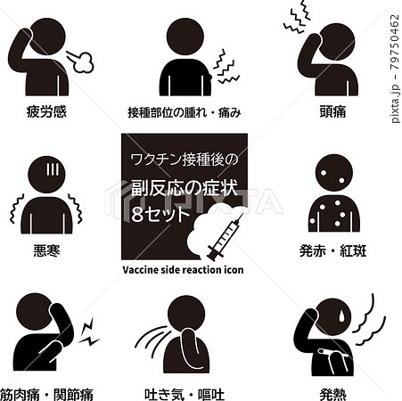 イラスト素材：ピクトグラムアイコン　新型コロナウイルスワクチン接種等の注射後の副反応の症状　8セット 79750462