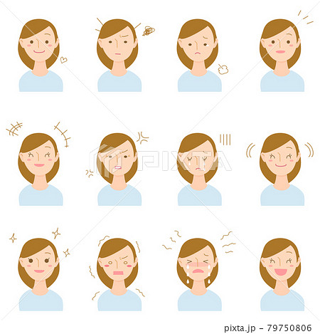 女性の様々な感情の表情のイラスト素材