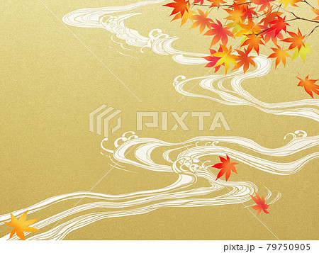 紅葉と波の和風背景のイラスト素材
