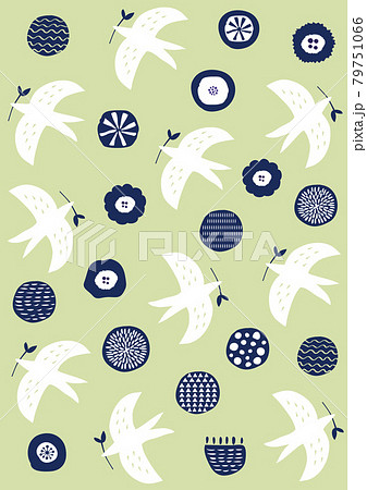 北欧風 鳥と丸柄 グリーン901のイラスト素材
