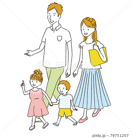 手書き線画カラーイラスト 家族でおでかけ 夏のイラスト素材
