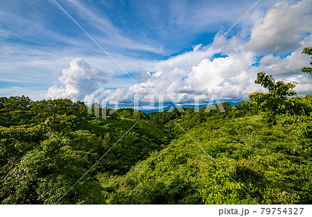 夏の青空に浮かぶ白い雲押戸石の草原の風景 79754327