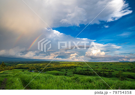 夏の青空に浮かぶ白い雲押戸石の草原の風景 夏の青空に浮かぶ白い雲押戸石の草原の風景 79754358
