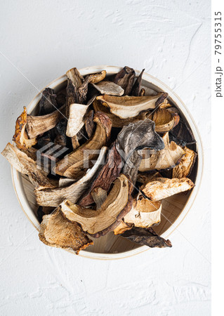 Set of dried mushrooms, on white background, top view flat lay Set of dried mushrooms, on white background, top view flat lay 79755315
