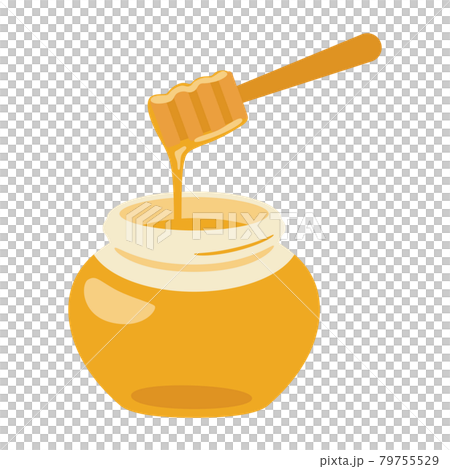 蜂蜜のイラスト。ハニーディッパーと、瓶に入った金色のはちみつ。 79755529