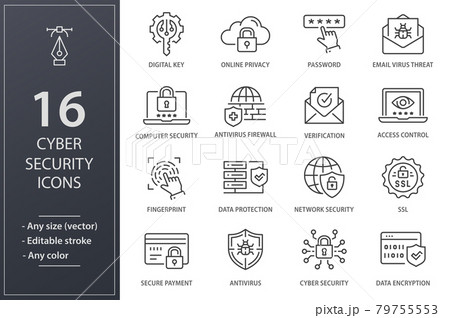 Cyber security line icons set. Black vector illustration. Editable stroke. Cyber security line icons set. Black vector illustration. Editable stroke. 79755553