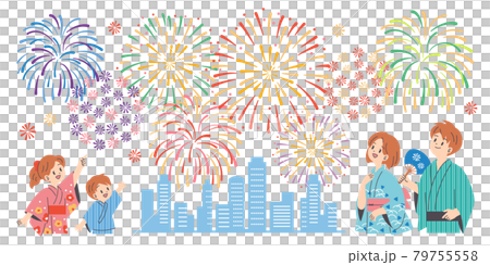 Family enjoying fireworks on a white background Family enjoying fireworks on a white background 79755558
