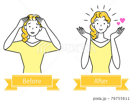 ヘアケア 薄毛 白髪 頭髪のトラブルのビフォーアフター 可愛い女性 イラスト シンプル ベクターのイラスト素材