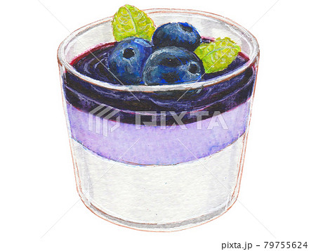 ブルーベリーページイラスト 手描き飲食メニュー ブルーベリーヨーグルトのイラスト素材 [79755624