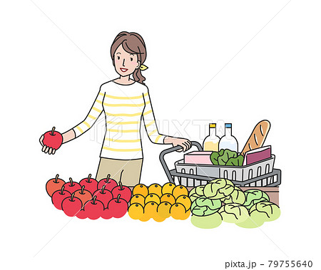 ショッピングカートで買い物をする若い女性 ショッピングカートで買い物をする若い女性 79755640